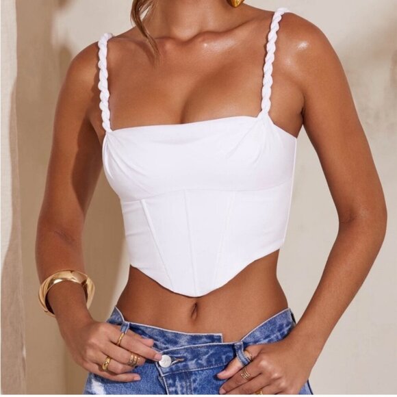 NWOT Oh Polly Womens White Corset Cropped Top with Braided Straps Size 0 - Picture 1 of 10